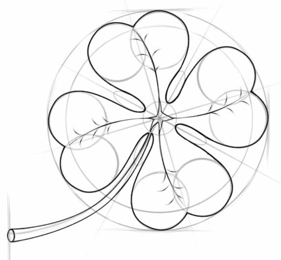 Лист клевера, четырехлистного цветка рисунок карандашом, акварелью