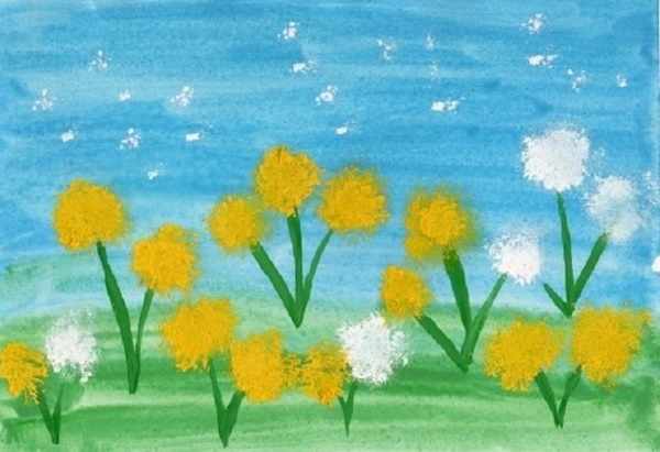 Одуванчик рисунок для детей карандашом, красками