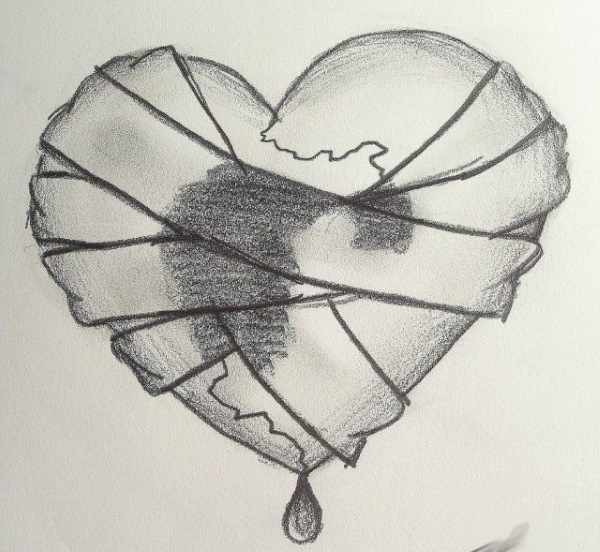 Разбитое сердце на черном фоне. Рисунки карандашом
