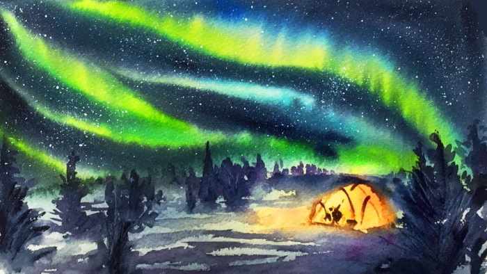 Северное сияние - рисунок для детей красками, карандашом