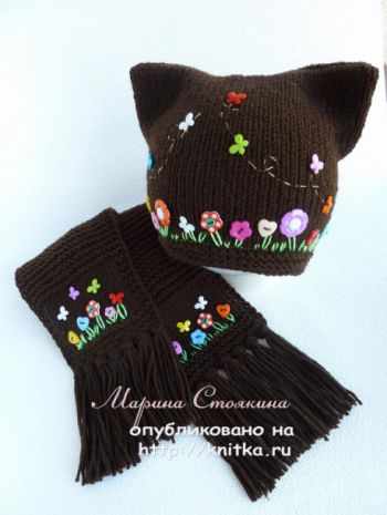 Детская шапка и шарф спицами Шоколад. Работы Марины Стоякиной. Вязание спицами.