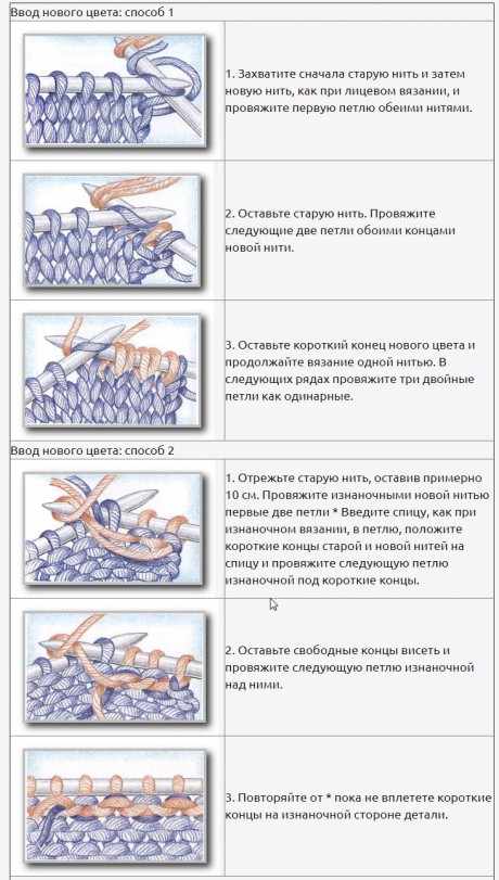  Ввод нового цвета при вязании интарсии спицами:
