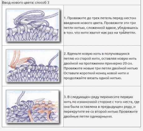  Ввод нового цвета при вязании интарсии спицами: