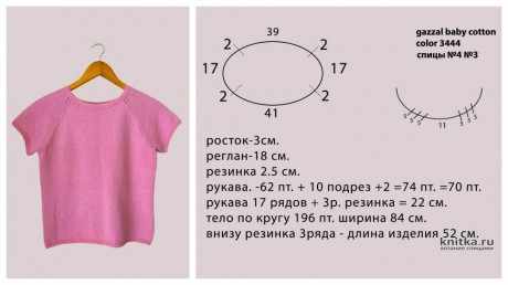 Базовая розовая футболка спицами, видео-урок вязание и схемы вязания